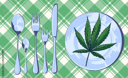 Marijuana leaf on the pate with knife, fork and spoon, vector image