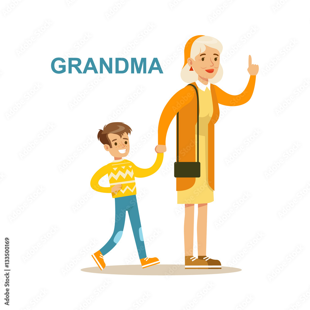 Grandma Walking With Grandson, Happy Family Having Good Time Together Illustration Grandma Walking With Grandson, Happy Family Having Good Time Together Illustration