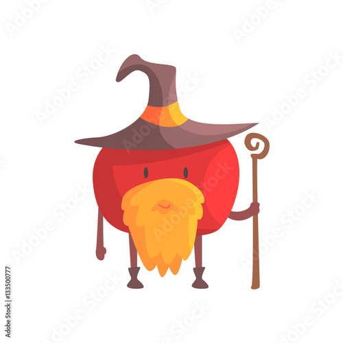 Tomato In Magician Costume With Staff And Beard, Part Of Vegetables In Fantasy Disguises Series Of Cartoon Silly Characters