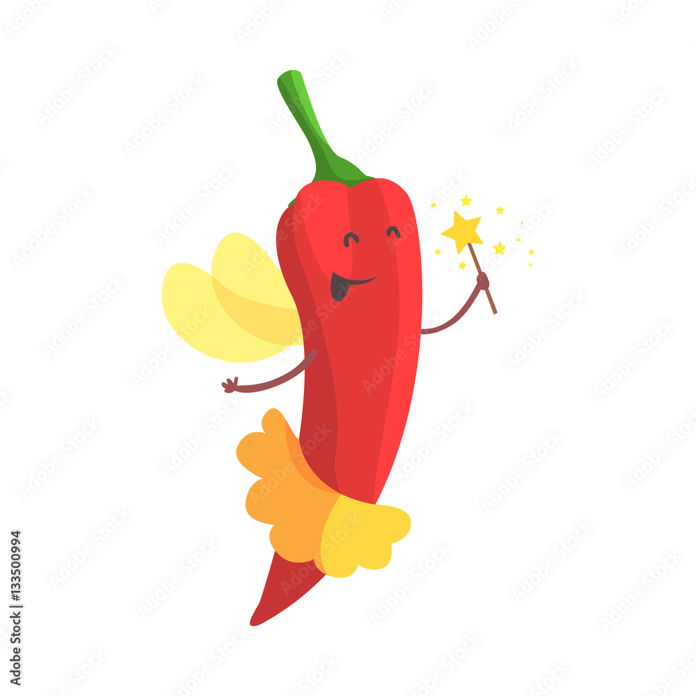 Fototapeta premium Chili Pepper Fairy In Skirt WIth Magic Wand, Part Of Vegetables In Fantasy Disguises Series Of Cartoon Silly Characters