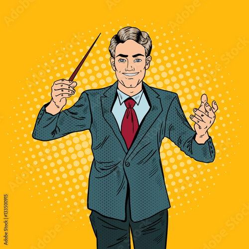 Pop Art Music Conductor Man with a Baton. Vector illustration