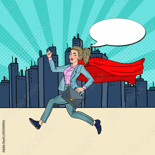 Pop Art Super Business Woman with Red Cape Running with Briefcase. Vector illustration