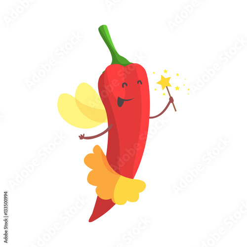 Chili Pepper Fairy In Skirt WIth Magic Wand, Part Of Vegetables In Fantasy Disguises Series Of Cartoon Silly Characters