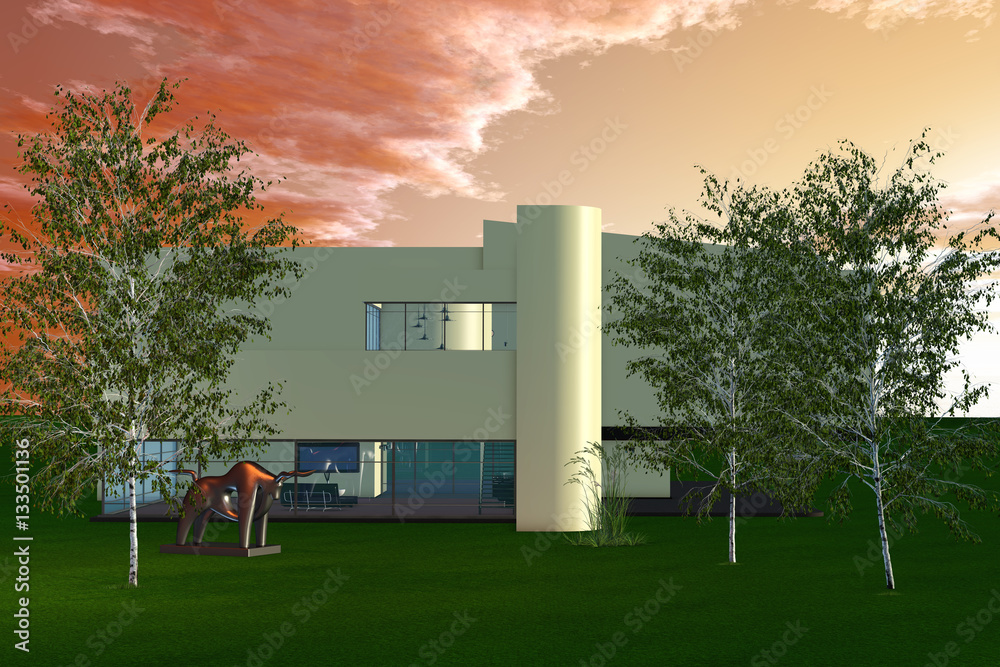 Modernes Geschäftsgebäude in parkähnlicher Gartenanlage ilustración de