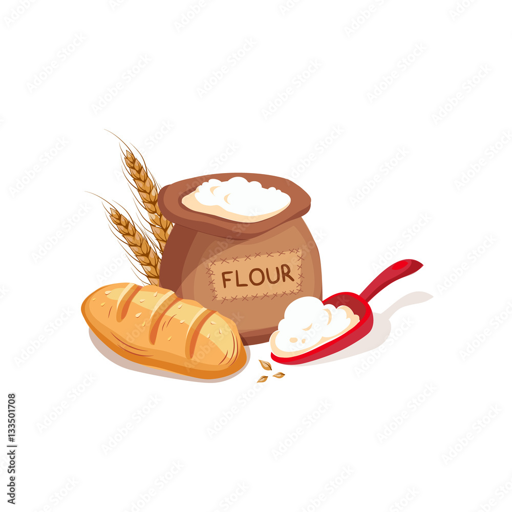 Cloth Sack Of Flour Scooper And Fresh Bread Set Farm And Farming