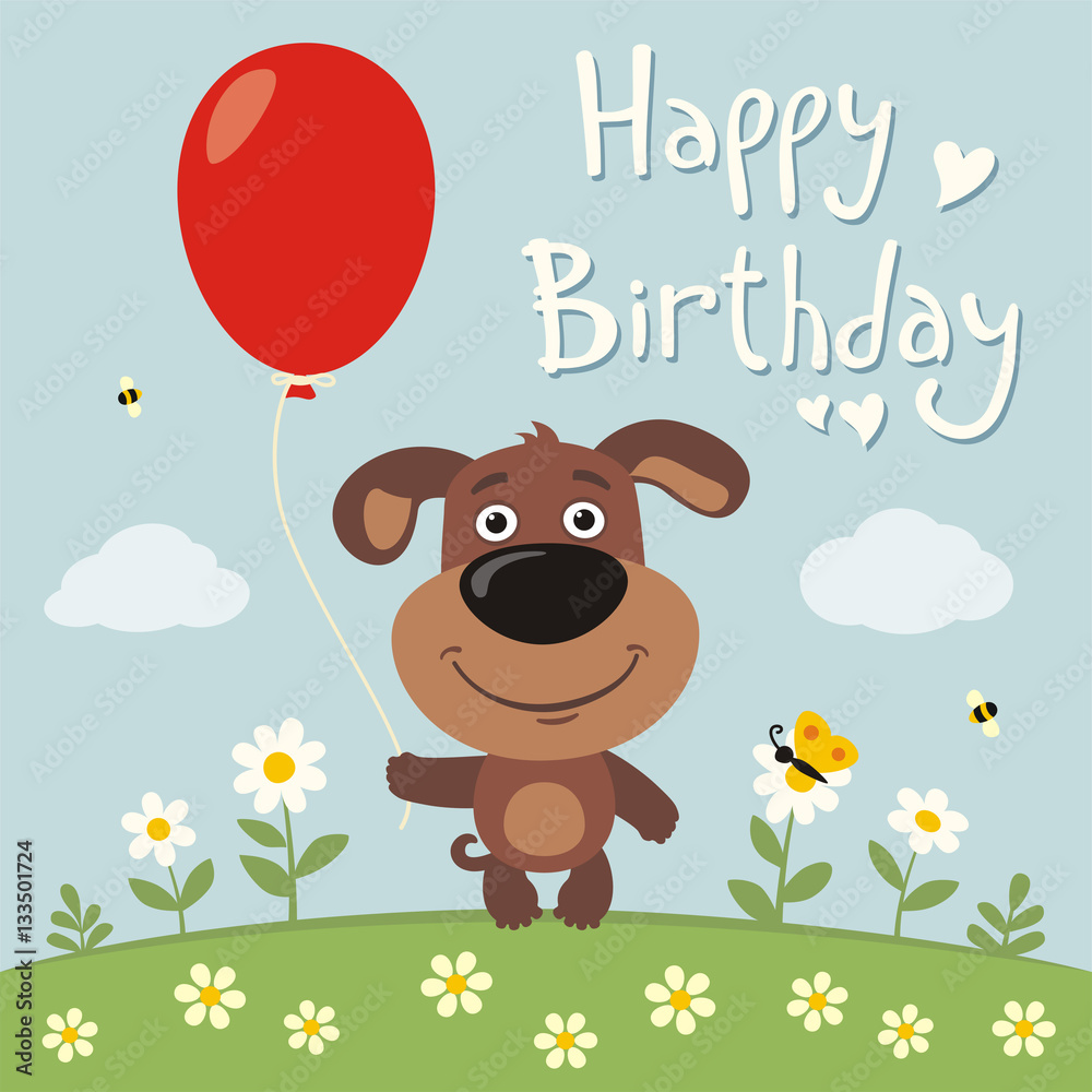 Happy birthday! Funny puppy dog with red balloon on flower meadow. Birthday card with puppy dog in cartoon style. Stock Vector | Adobe Stock Happy birthday! Funny puppy dog with red balloon on flower meadow. Birthday card with puppy dog in cartoon style. Stock Vector | Adobe Stock