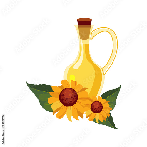 Sunflower Seeds Oil Glass Bottle and Sunflowers, Farm And Farming Related Illustration In Bright Cartoon Style