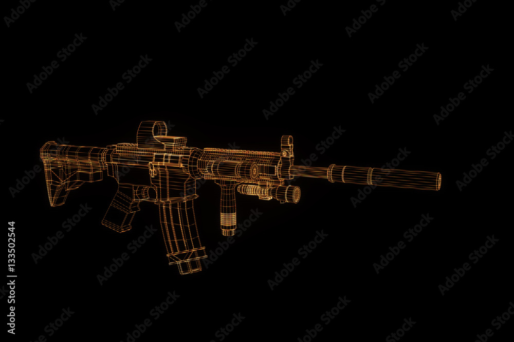 Gun Weapon Hologram Wireframe in Motion. Nice 3D Rendering
Gun Weapon Hologram Wireframe in Motion. Nice 3D Rendering
