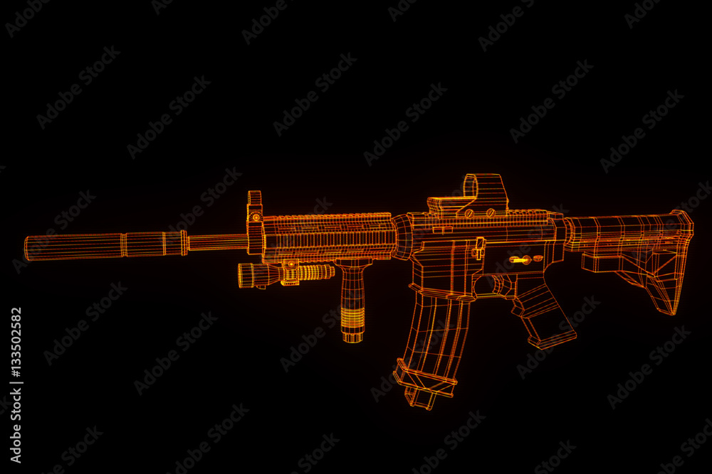 Gun Weapon Hologram Wireframe in Motion. Nice 3D Rendering
Gun Weapon Hologram Wireframe in Motion. Nice 3D Rendering