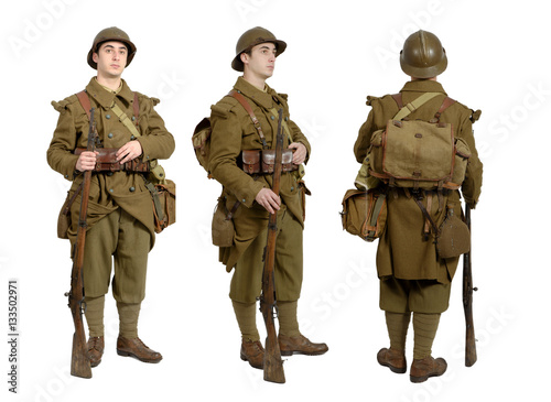 French soldier in 1940's uniform, viewed from the front, side an