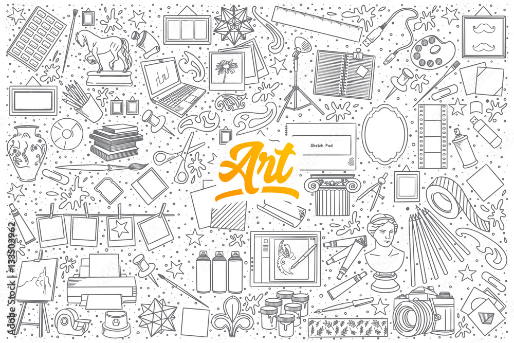 Hand drawn set of Art doodles with yellow lettering in vector