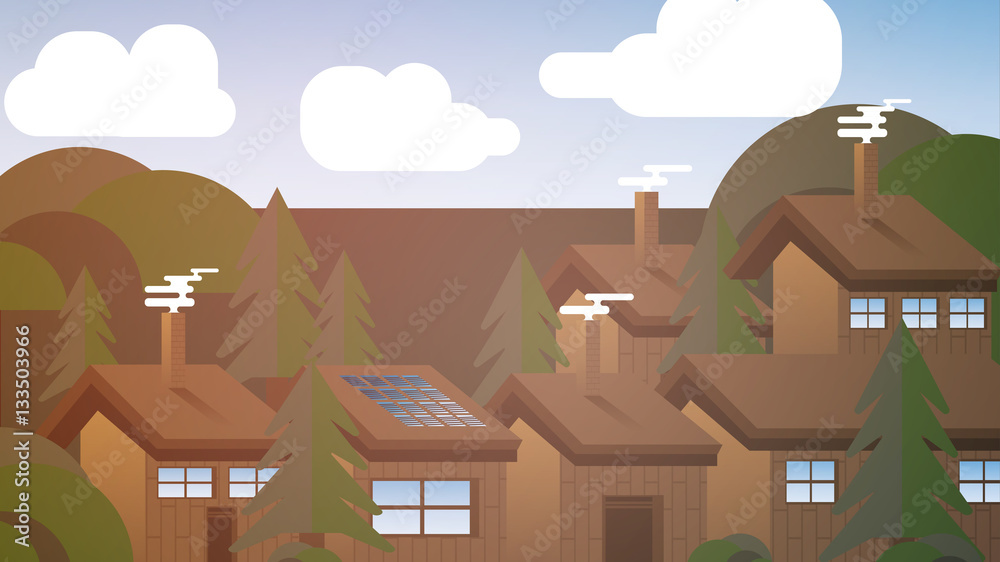 Cabins in Woods Small Town - Vector Illustration