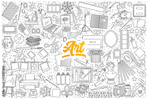 Hand drawn set of Art doodles with yellow lettering in vector