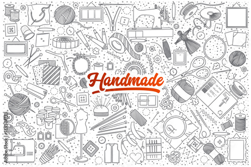 Hand drawn set of handmade doodles with red lettering in vector photo