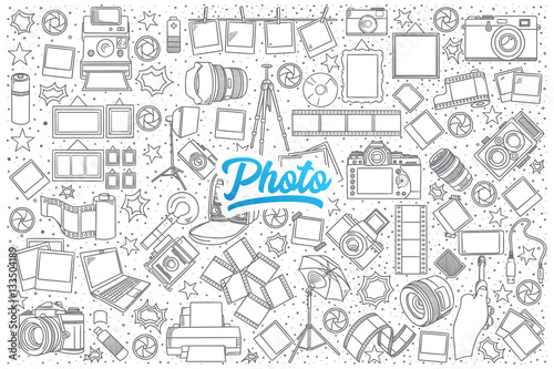 Hand drawn set of photo doodles with blue lettering in vector