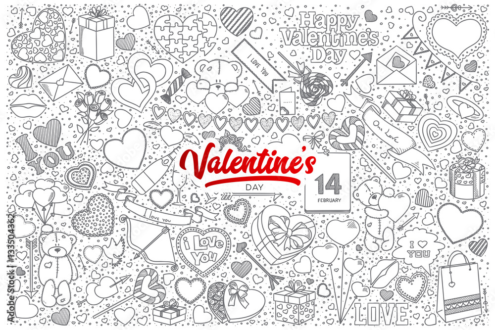Hand drawn set of Valentine's day doodles with red lettering in vector