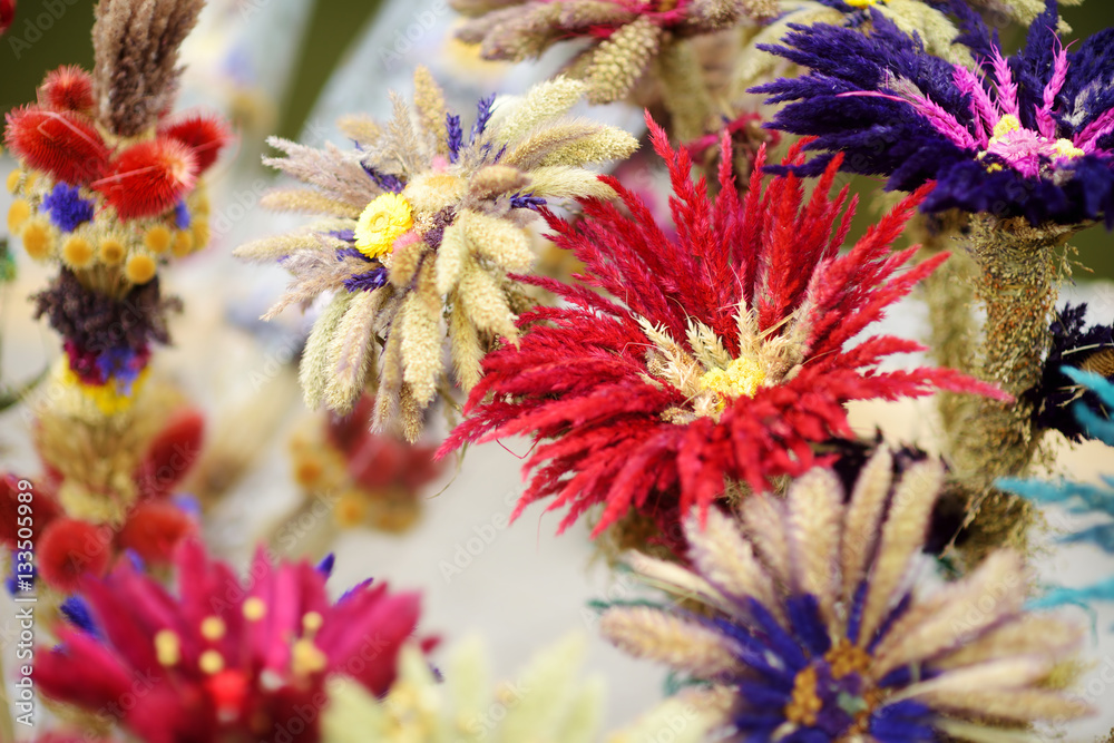 Traditional Lithuanian Easter palm known as verbos sold on Easter market in Vilnius, Lithuania