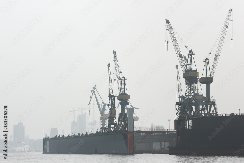 Floating dock in the harbor of Hamburg. Cranes of shipyard in misty morning on the Elbe river.