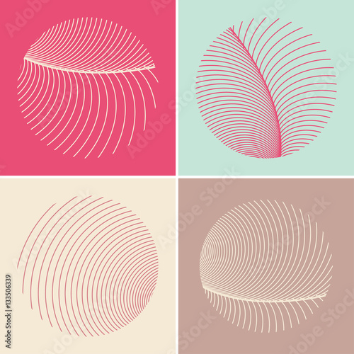 four stylized round feathers in pink and blue shades