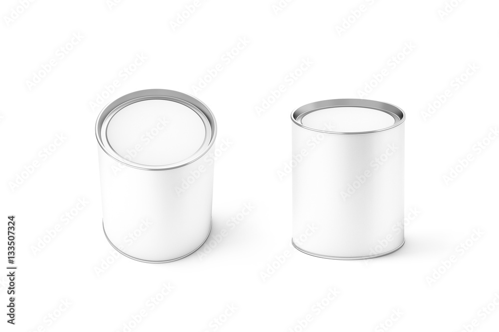 Blank white round can mockup set, isolated, 3d rendering. Clear cylindrical canned container with lid top view mock up. Conserved food packaging template. Tin cylinder preserved meal canister. Blank white round can mockup set, isolated, 3d rendering. Clear cylindrical canned container with lid top view mock up. Conserved food packaging template. Tin cylinder preserved meal canister.