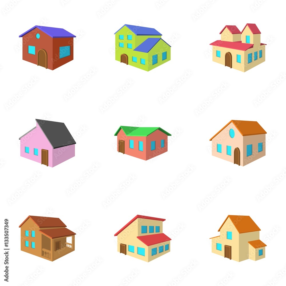 Building icons set, cartoon style Building icons set, cartoon style