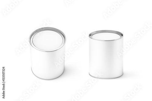 Blank white round can mockup set, isolated, 3d rendering. Clear cylindrical canned container with lid top view mock up. Conserved food packaging template. Tin cylinder preserved meal canister.