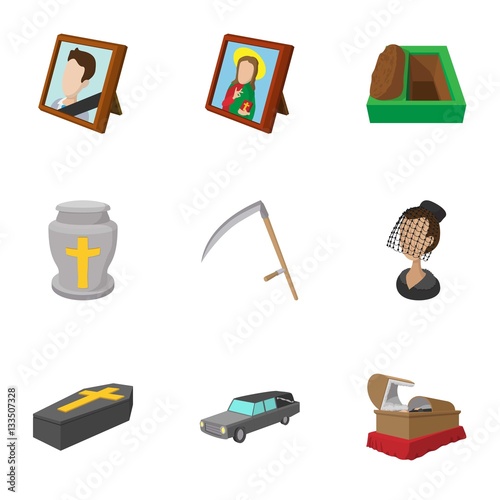 Funeral icons set, cartoon style