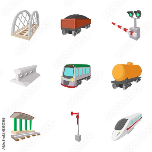 Railway icons set, cartoon style