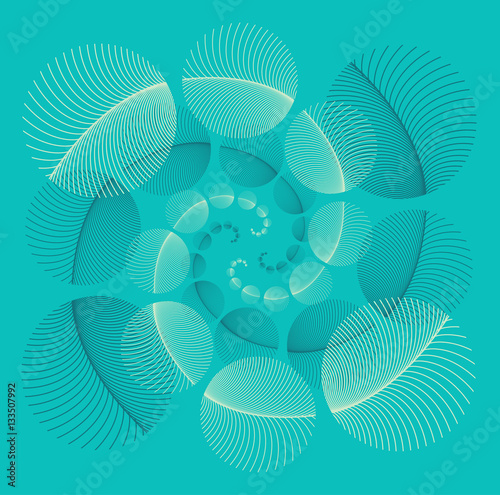Spirals of round feathers poster in blue shades