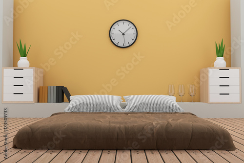 bedroom with decoration in the yellow room in 3D render image