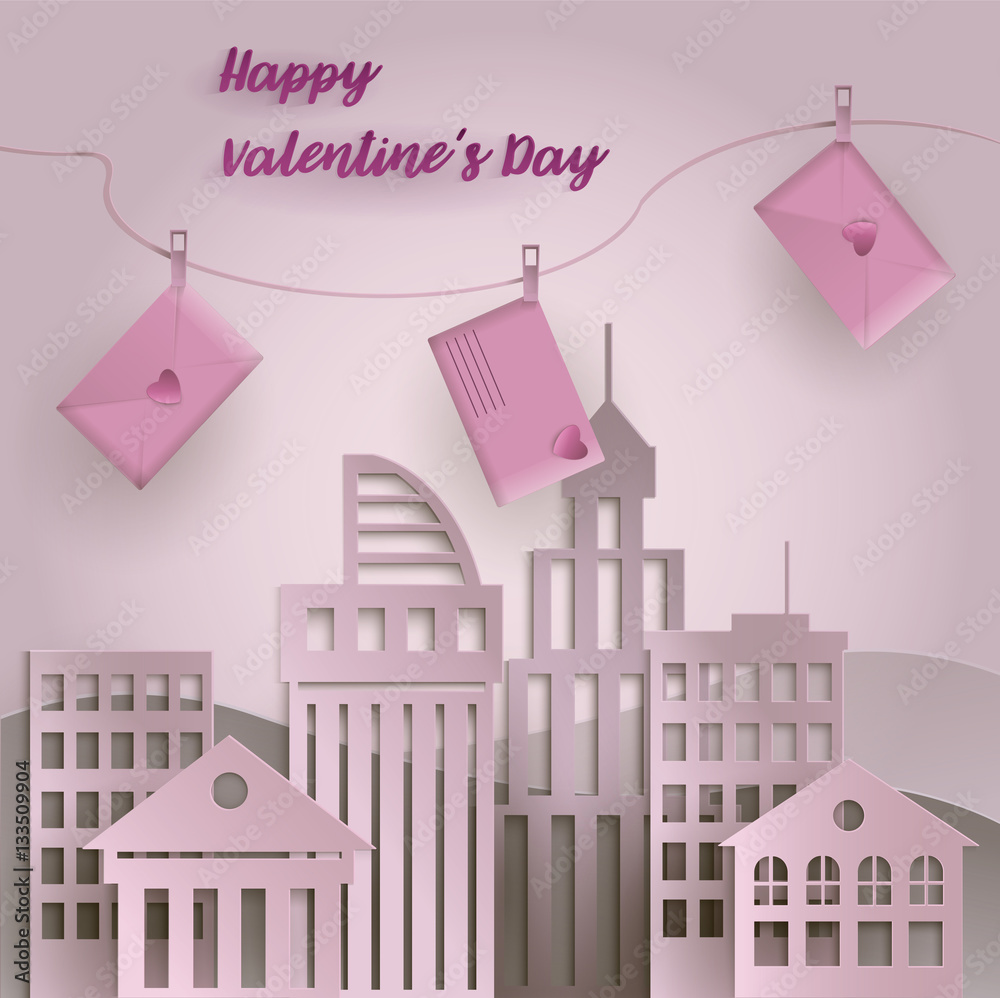 Fototapeta premium Happy Valentine's paper cut art in the city letters