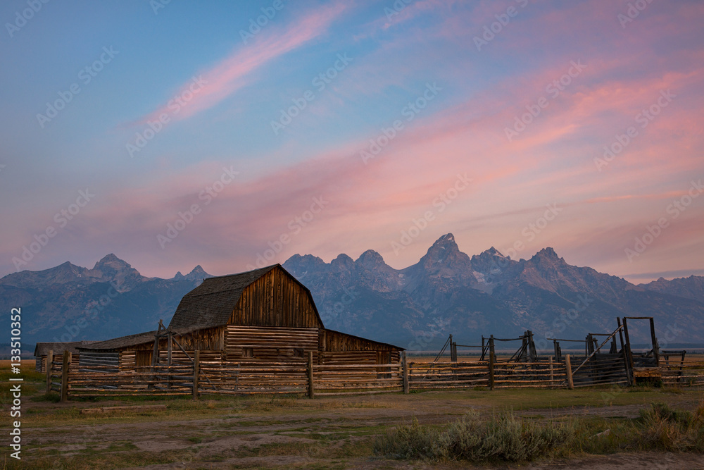 Mormon Row Barn in Wyoming at Sunrise 
