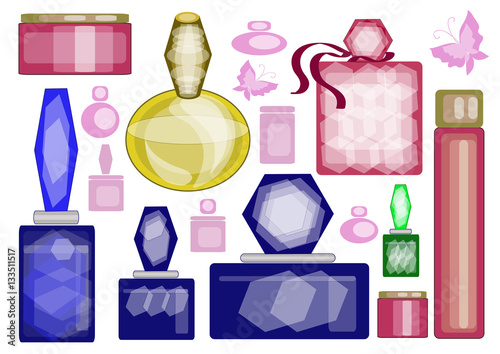    colorful cosmetic set design, perfume vials , Eau de Toilette  , cream 
 on white background