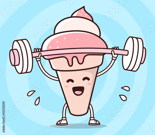 Vector illustration of pink ice cream with barbell lifting weigh