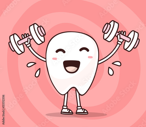 Vector illustration of smile white tooth lifts dumbbells on pink