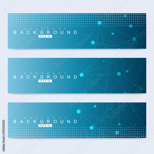Scientific set of modern vector banners. DNA molecule structure with connected lines and dots. Science vector background. Medical, tecnology, chemistry design.