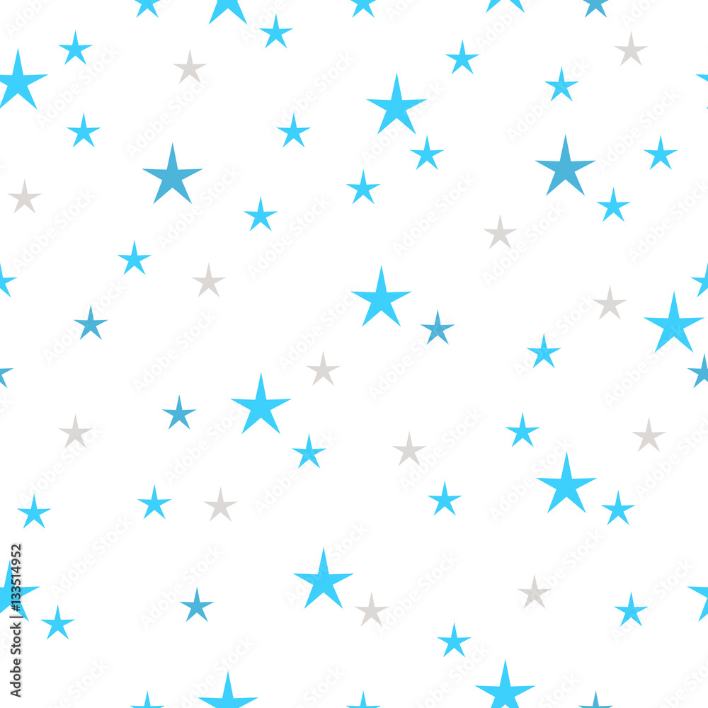 Hand drawn stars seamless pattern. Blue and gray color on a white background. Different size. Irregular.