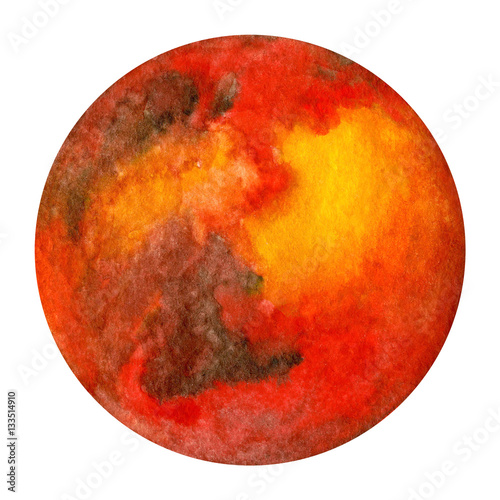 Solar System Planets - Mars. Watercolor illustration. Solar System Planetes