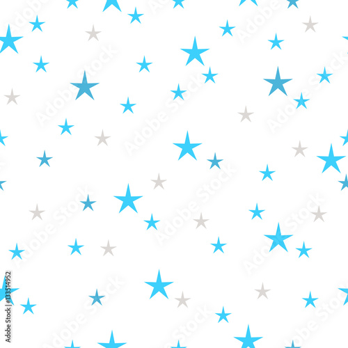 Hand drawn stars seamless pattern. Blue and gray color on a white background. Different size. Irregular.