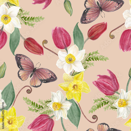 Fototapeta Naklejka Na Ścianę i Meble -  Watercolor painting floral pattern with beautiful spring flowers: tulips, daffodils and butterfly. Seamless background.
