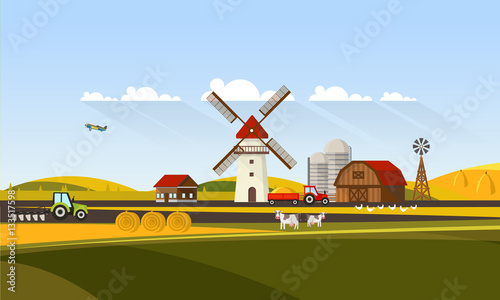 Colorful Flat Design of Agricultural Rural Landscape, Vector Illustration.