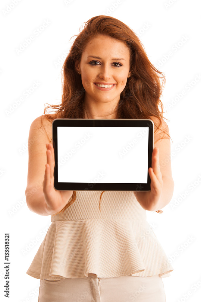 Business woman brousing the web on a tablet isolated over white Business woman brousing the web on a tablet isolated over white