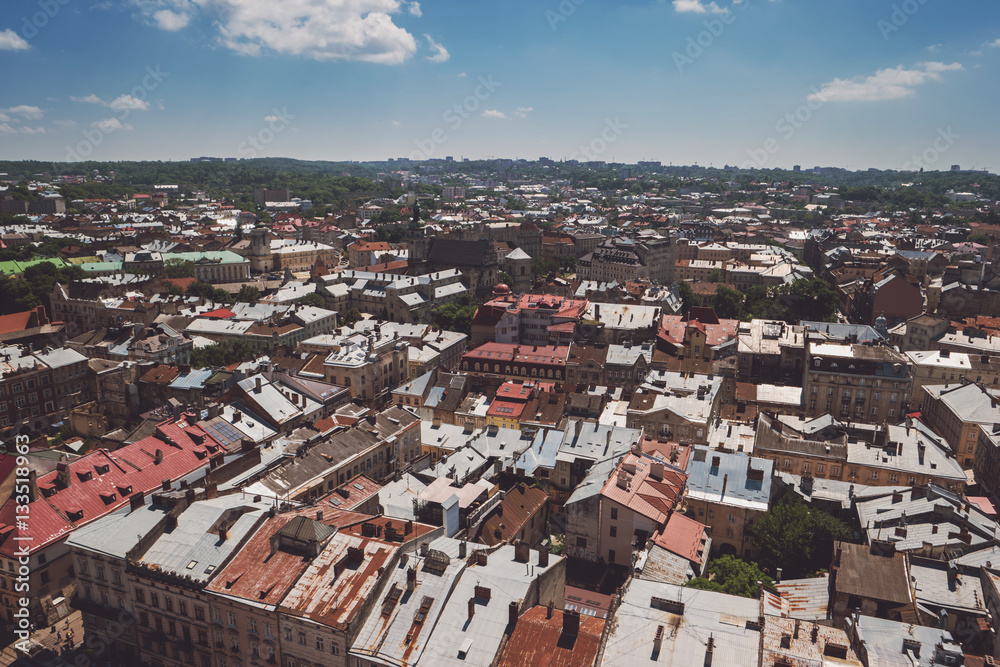 Obraz premium Town and blue cloudy sky. Buildings and trees. Old streets and historic landmarks.