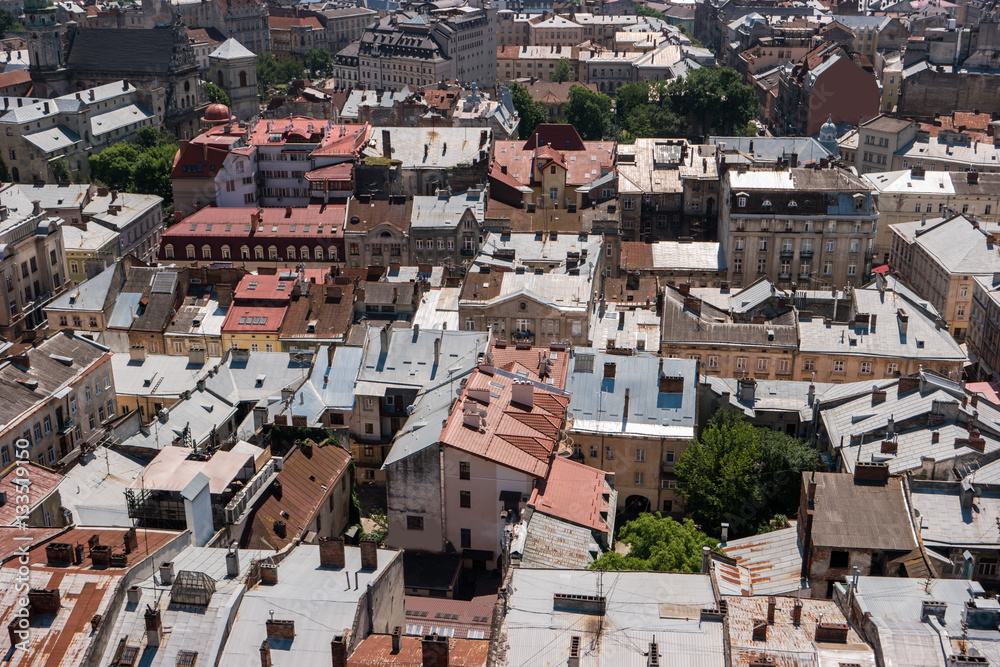 Top view of town. Green trees and rooftops. Historic landmarks and old streets.
