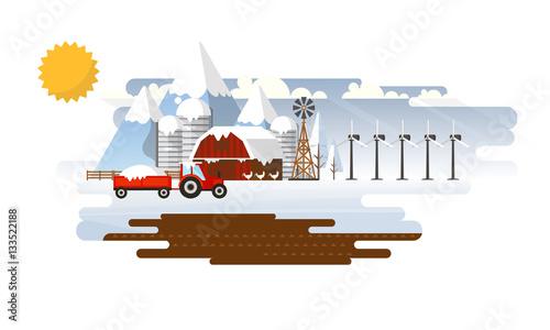 Winter Abstract Farmland Landscape in Flat Design. Vector Illustration.