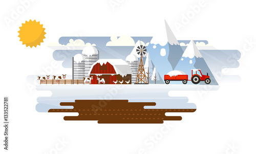 Winter Abstract Farmland Landscape in Flat Design. Vector Illustration.