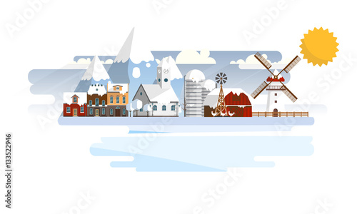 Winter Abstract Farmland Landscape in Flat Design. Vector Illustration.