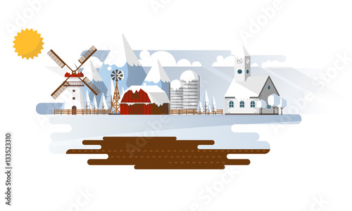 Winter Abstract Farmland Landscape in Flat Design. Vector Illustration.