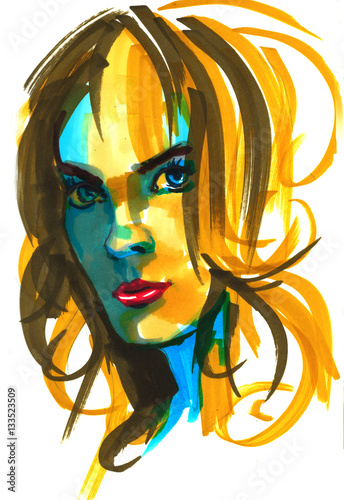 Fototapeta Naklejka Na Ścianę i Meble -  Fashion girl illustration. Hand drawn portrait of a young woman model face. sketch, marker, watercolor.