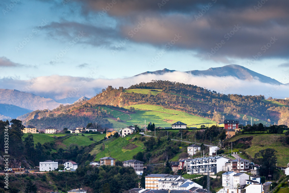 Asturian village between sea and mountain